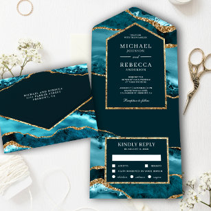 Invitation Tout En Un Teal and Gold Agate Marble Wedding