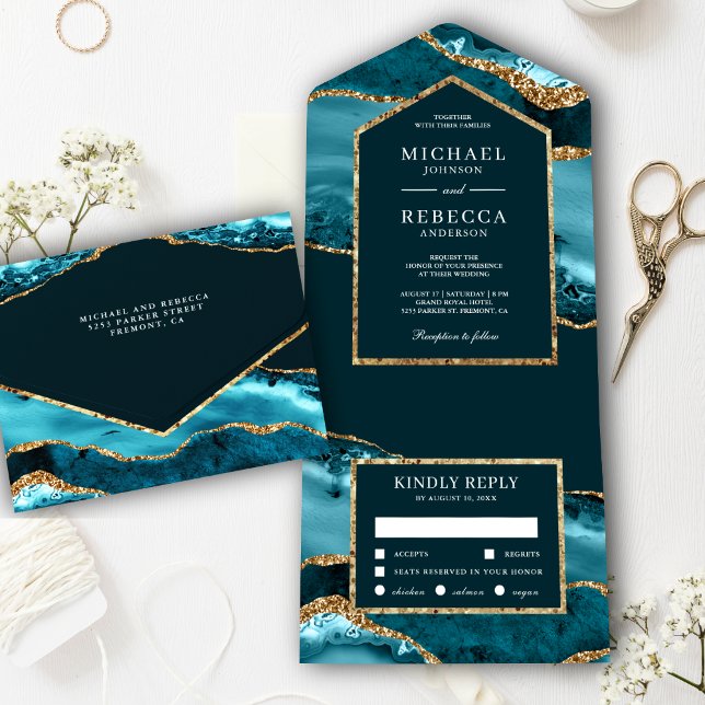 Invitation Tout En Un Teal and Gold Agate Marble Wedding (Créateur téléchargé)