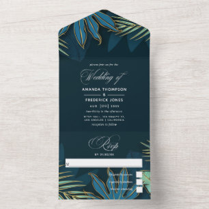 Invitation Tout En Un Teal - Feuilles Tropicales Turquoise et Or Tout En