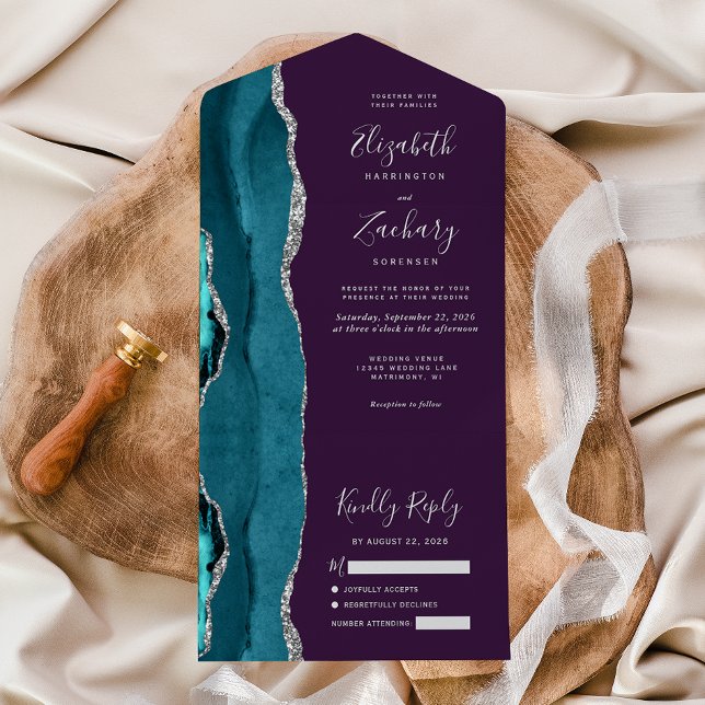 Invitation Tout En Un Teal Silver Agate Purple Wedding (Créateur téléchargé)