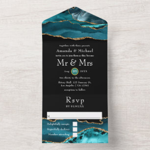 Invitation Tout En Un Teal - Turquoise et pierre d'agate dorée Mariage T