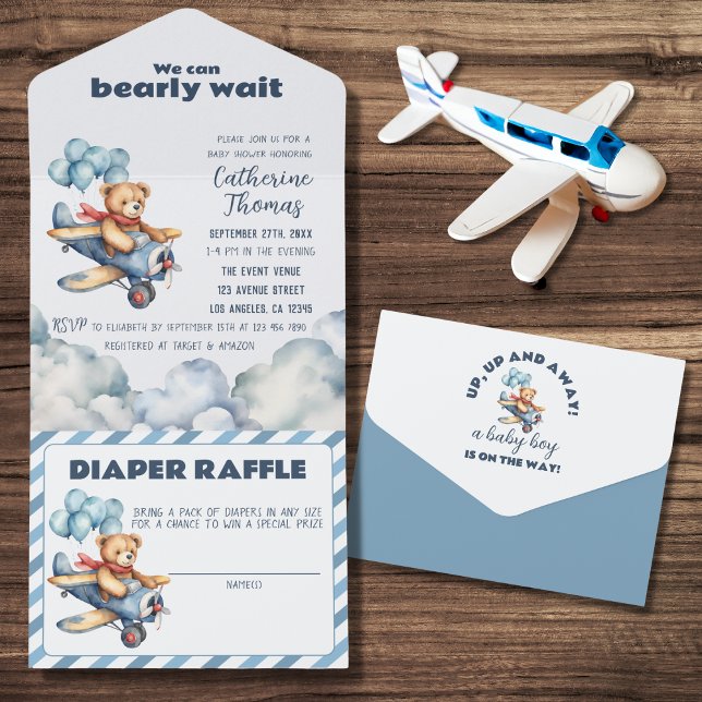 Invitation Tout En Un Teddy Bear Avion Ballons Baby shower garçon (Créateur téléchargé)