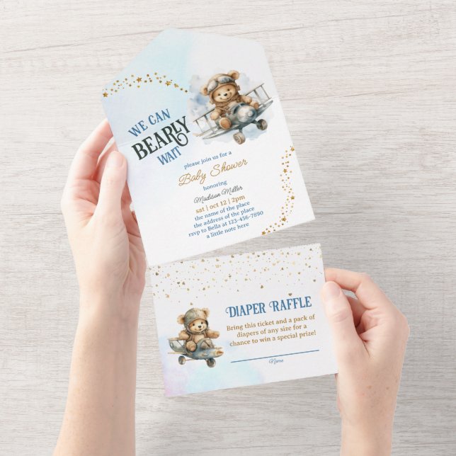 Invitation Tout En Un Teddy Bear Avion volant Baby shower garçon (Déchirure)