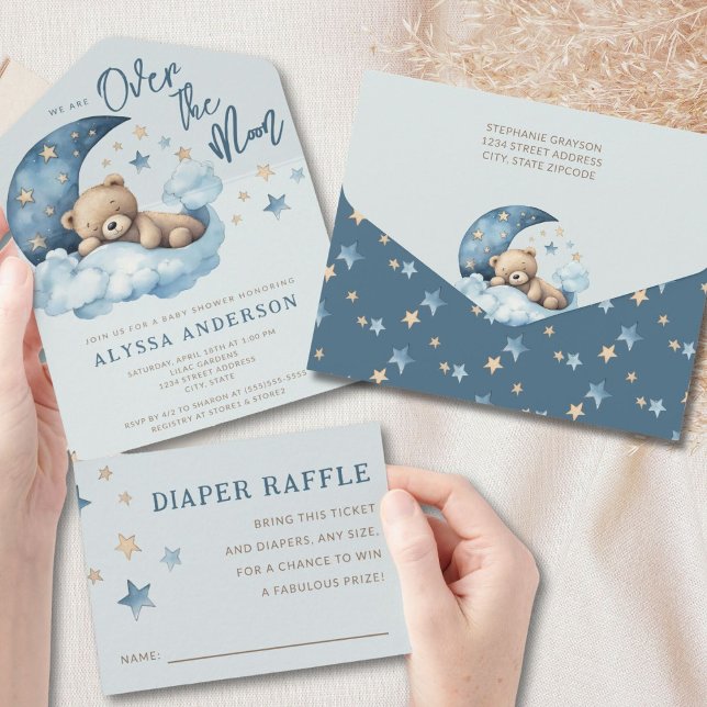 Invitation Tout En Un Teddy Bear Blue sur le Baby shower de la Lune (Créateur téléchargé)