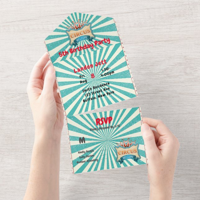 Invitation Tout En Un Tente turquoise Red Circus Anniversaire (Déchirure)