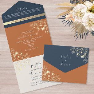 Invitation Tout En Un Terracotta and Navy Blue Wedding