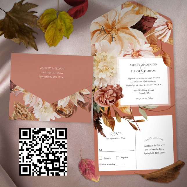 Invitation Tout En Un Terracotta Automne Élégant, Mariage de automne (Terracotta Fall wedding invitation with postcard rsvp. Watercolor Floral Autumn Wedding invites.)