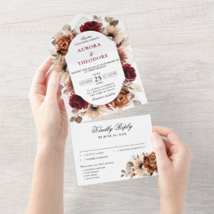 Invitation Tout En Un Terracotta Burgundy Mauve Floral Mariage géométriq