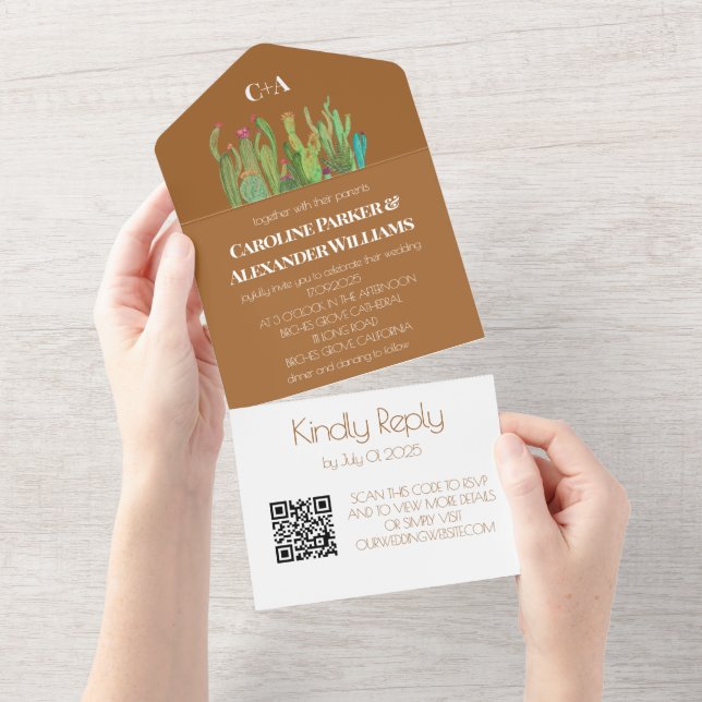 Invitation Tout En Un Terracotta Cactus Désert Boho RSVP QR Code (Déchirure)