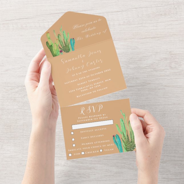 Invitation Tout En Un Terracotta Cactus Désert Mexique Arizona Mariage (Déchirure)
