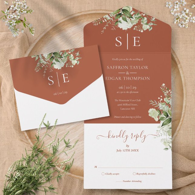 Invitation Tout En Un Terracotta Élégant Monogramme Mariage de verdure (Terracotta Elegant Monogram Greenery Wedding All In One Invitation)