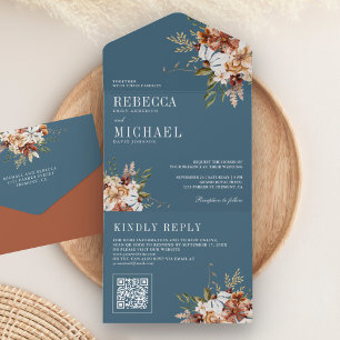 Invitation Tout En Un Terracotta Floral Fleur sauvage Dusty Blue Mariage