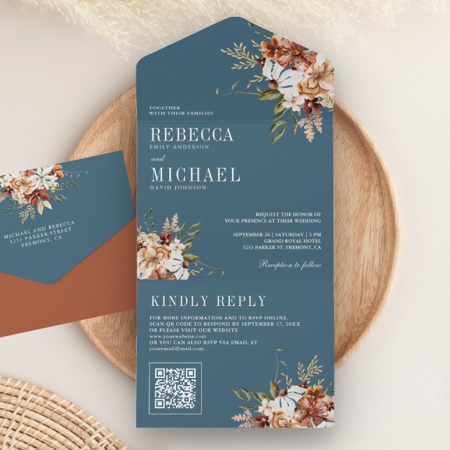 Invitation Tout En Un Terracotta Floral Fleur sauvage Dusty Blue Mariage (Créateur téléchargé)