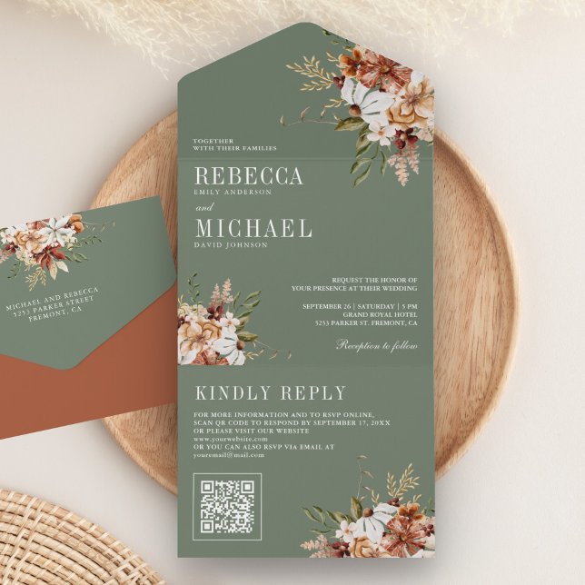 Invitation Tout En Un Terracotta Floral Fleur sauvage Sage Green Mariage (Créateur téléchargé)