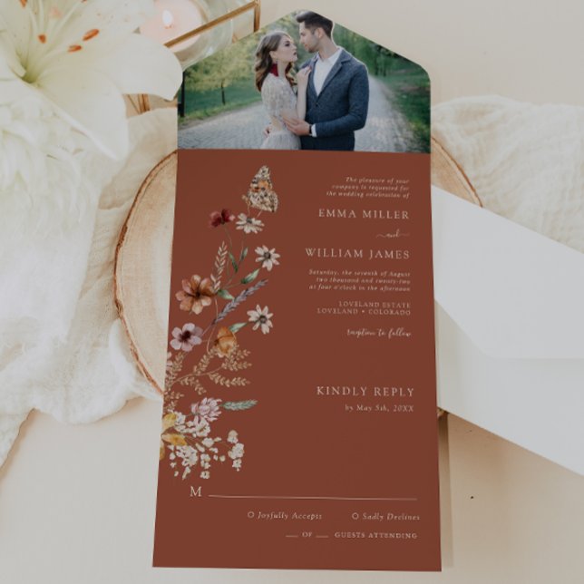 Invitation Tout En Un Terracotta Floral tout en un mariage Inviter (Boho Terracotta Floral All in One Wedding Invite Photo Butterfly by Painted Paperie
)