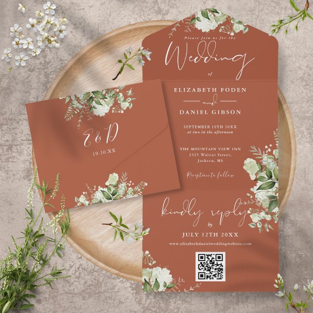 Invitation Tout En Un Terracotta Greenery QR Code Monogramme Mariage (Créateur téléchargé)