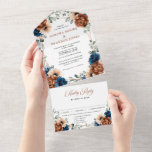 Invitation Tout En Un Terracotta Marine Bleu Vert Mariage géométrique<br><div class="desc">Elégant bleu marine,  Terracotta,  Orange terroir à thème floral faire-part de mariage avec élégant bouquet de bleu marine,  Terracotta couleur rose pivoines et vert eucalyptus feuilles. Veuillez me contacter pour toute aide sur la personnalisation ou si vous avez besoin d'un autre produit avec ce design.</div>