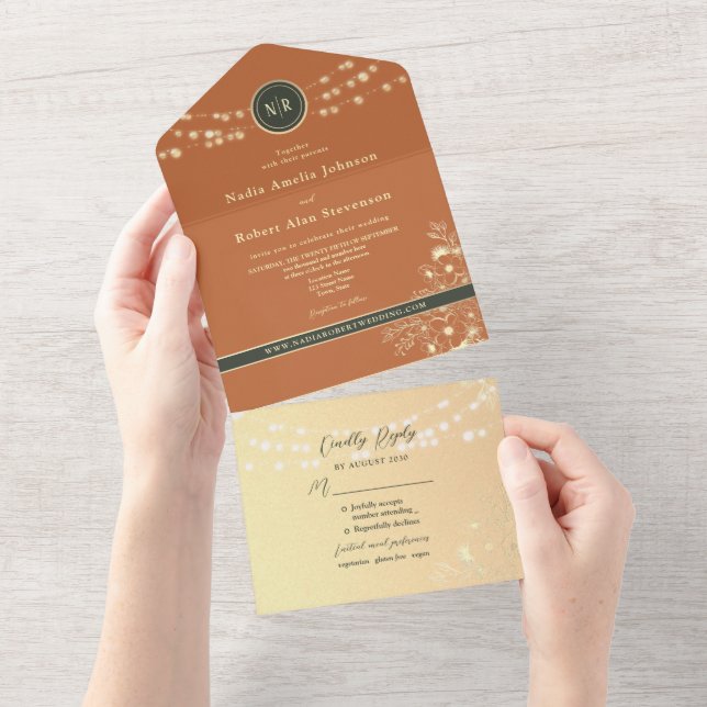 Invitation Tout En Un Terracotta Olive String Lights Wedding (Déchirure)