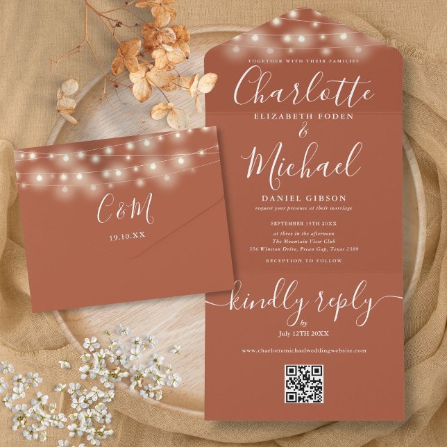 Invitation Tout En Un Terracotta String Lights QR Code Monogramme Mariag (Terracotta String Lights QR Code Monogram Wedding All In One Invitation)
