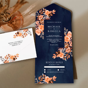 Invitation Tout En Un Terrain rustique Terracotta Floral Navy Mariage bl