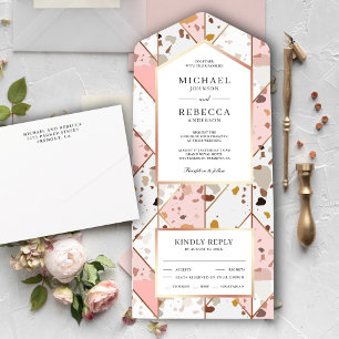 Invitation Tout En Un Terrazzo Mariage géométrique rose pâle