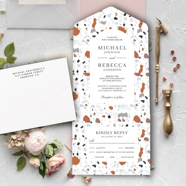 Invitation Tout En Un Terrazzo Mariage terrazzo minimal Terre neutre (Créateur téléchargé)