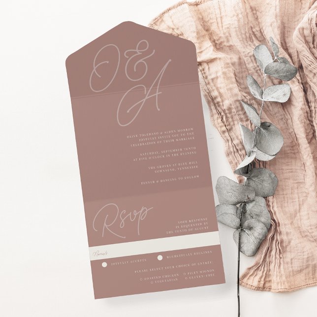 Invitation Tout En Un Terre cuite | Mariage de monogramme de filigrane d (Créateur téléchargé)