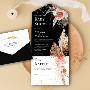 Invitation Tout En Un Terre Florale Boho Pampas Baby shower noir laiton