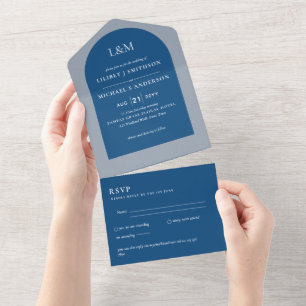 Invitation Tout En Un Texte monochrome bleu moderne uniquement Mariage