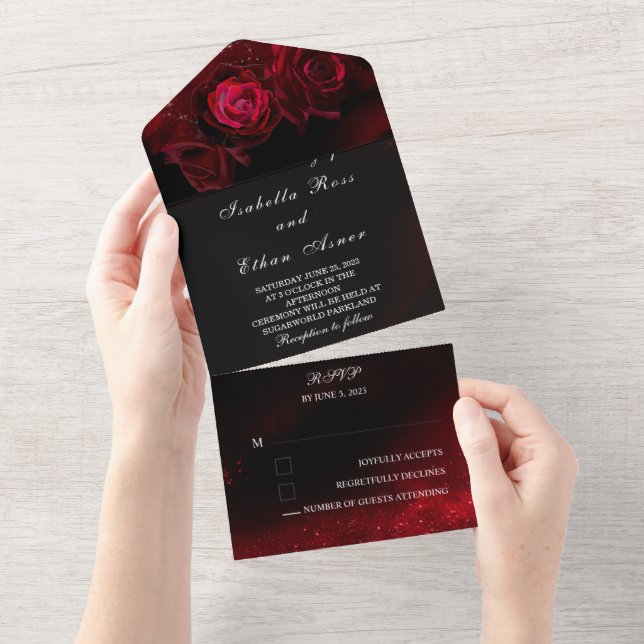 Invitation Tout En Un Thème blanc rouge et Mariage noir (Déchirure)