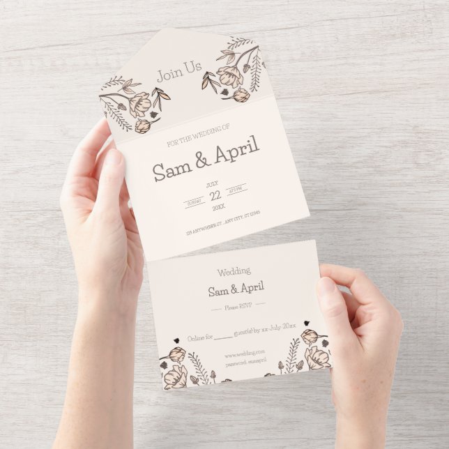 Invitation Tout En Un Thème Brown Floral Mariage (Déchirure)
