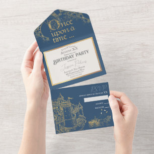 Invitation Tout En Un Thème de conte de fées Château Carrosse Or et Bleu