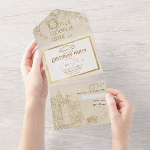 Invitation Tout En Un Thème de conte de fées Château Carrosse Or Vintage