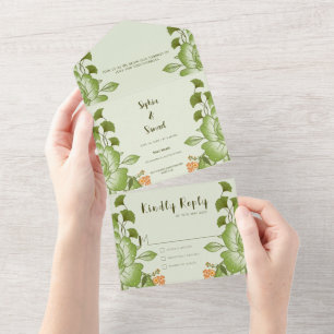 Invitation Tout En Un Thème de Mariage Floral Rose vert