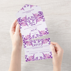 Invitation Tout En Un Thème Mariage Feuille violet