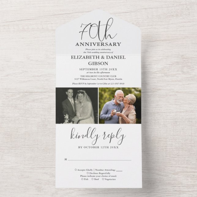 Invitation Tout En Un Then And Now 2 Photo 70e anniversaire de mariage (À l'intérieur)