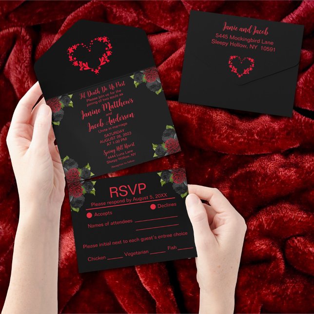 Invitation Tout En Un Til Death Do Us Part Gothique Noir avec Roses Roug (Créateur téléchargé)