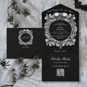 Invitation Tout En Un Till Death Gothic Skuls QR Code Mariage