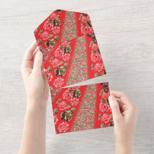 Invitation Tout En Un Tissu rouge éclatant avec floral complexe et