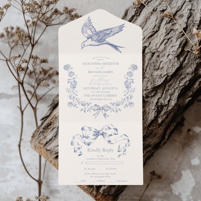 Invitation Tout En Un Toile victorienne Français Bleu Classique Mariage (Créateur téléchargé)