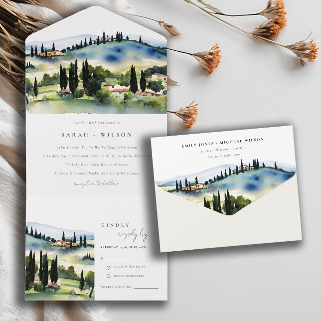 Invitation Tout En Un Toscane Italie Aquarelle Paysage Mariage (Créateur téléchargé)