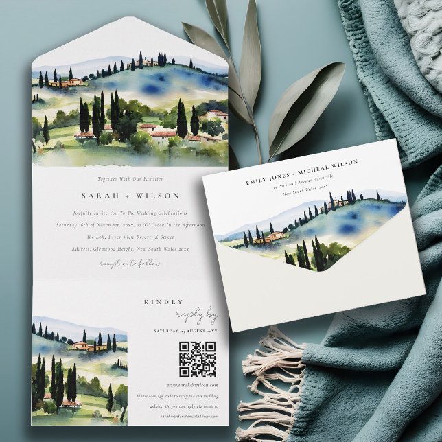 Invitation Tout En Un Toscane Italie Aquarelle Paysage Mariage QR Code (Créateur téléchargé)
