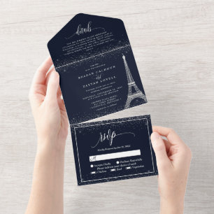 Invitation Tout En Un Tour Eiffel de Paris Mariage Paillettes Argentées