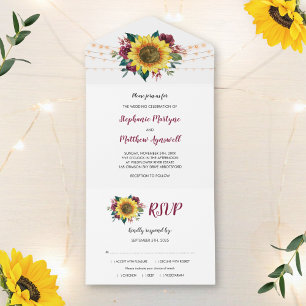 Invitation Tout En Un Tournesol Bourgogne Rose Lumières Mariage Floral