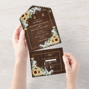 Invitation Tout En Un Tournesol en bois rustique Dusty Blue Floral Maria