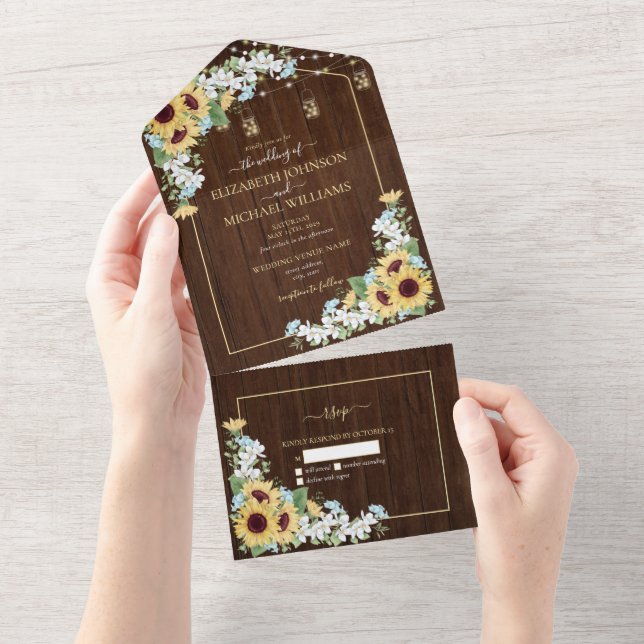 Invitation Tout En Un Tournesol en bois rustique Dusty Blue Floral Pas d (Déchirure)