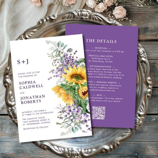 Invitation Tout en un tournesol et Mariage de lavande (All in One Sunflower and Lavender Monogram Wedding Invitation)