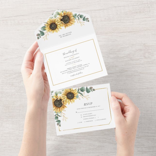 Invitation Tout En Un Tournesol Eucalyptus Mariage floral géométrique (Déchirure)