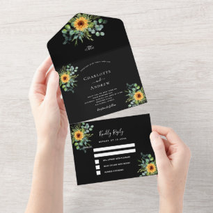 Invitation Tout En Un Tournesol eucalyptus mariage noir