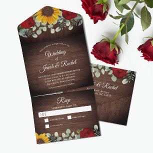 Invitation Tout En Un Tournesol Eucalyptus Roses rouges Mariage rustique